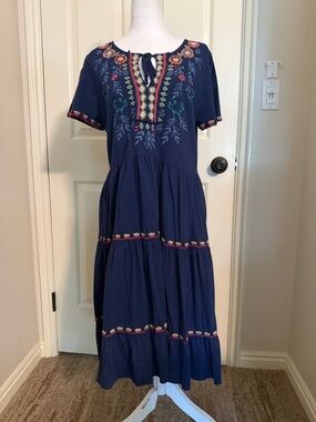 Johnny Was Navy Embroidered Tiered Midi Dress